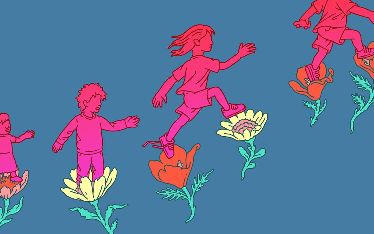 Colorful illustration of children stepping on flowers