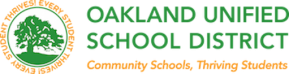 Oakland Unified School District logo features a large tree and the words "every student thrives"