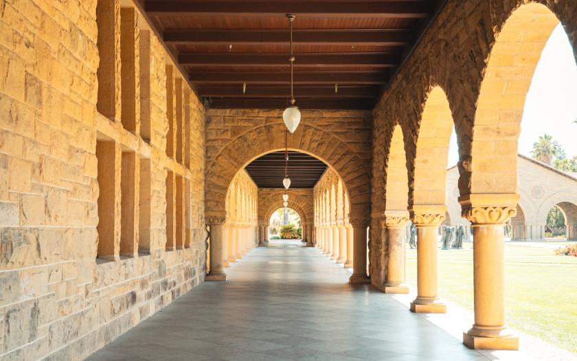 A covered pathway and arches at Stanford University