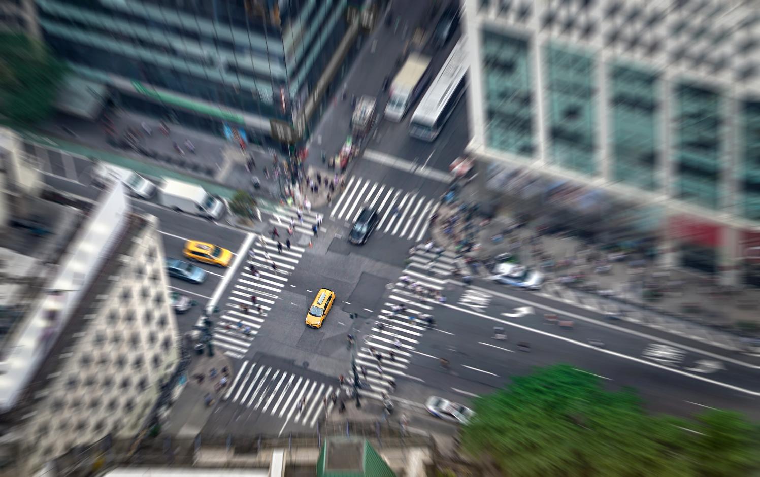 Overhead view of a city intersection