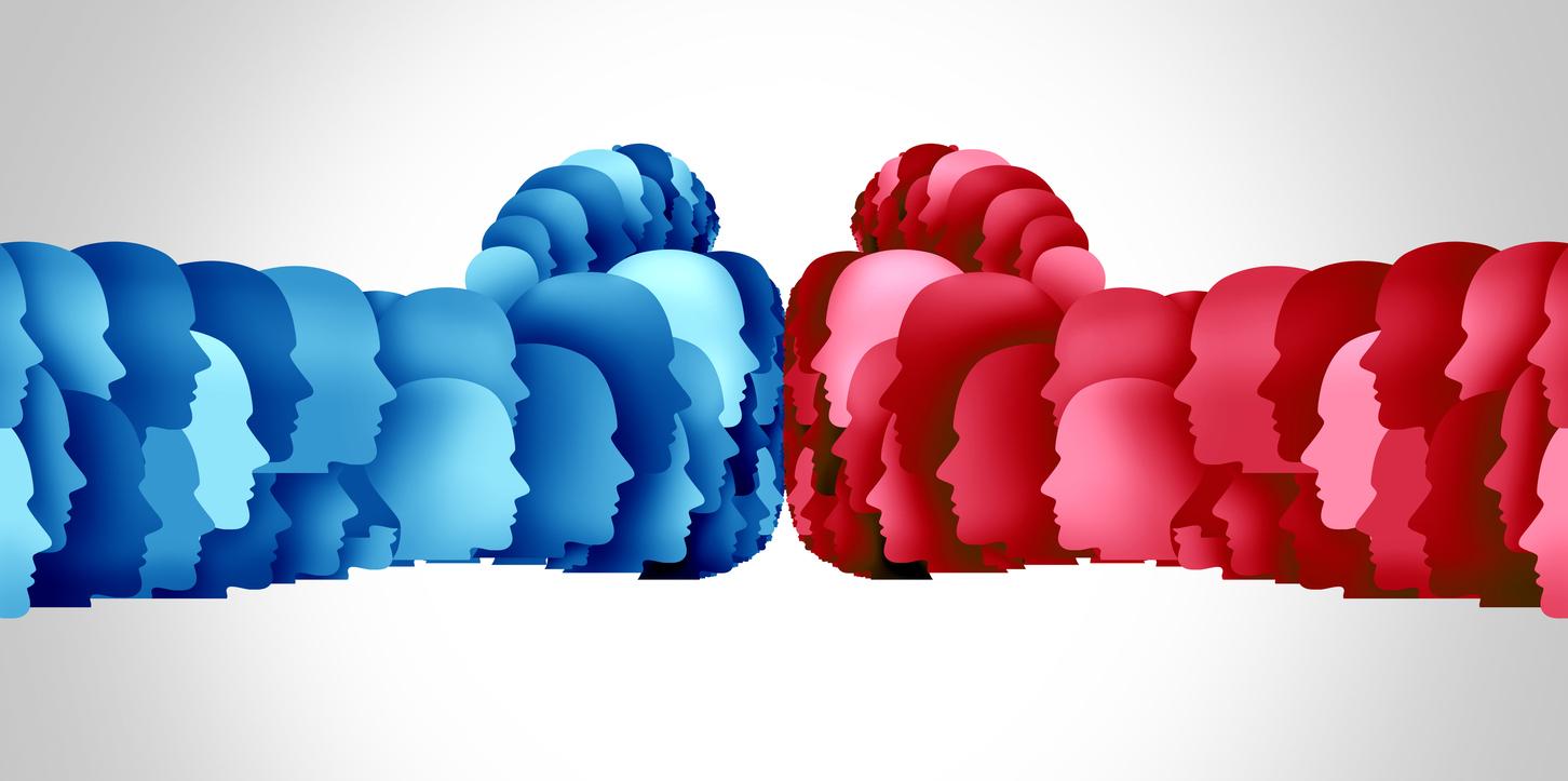 Illustration of blue and red faces forming two fists in opposition