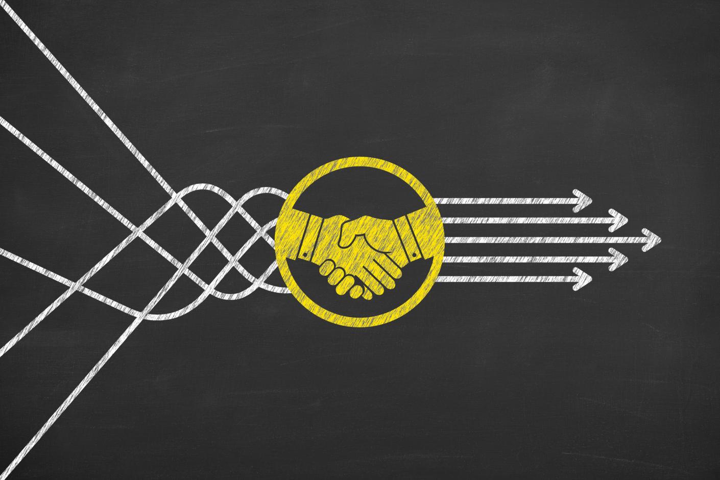 Illustration of a handshake and arrows, showing partnership
