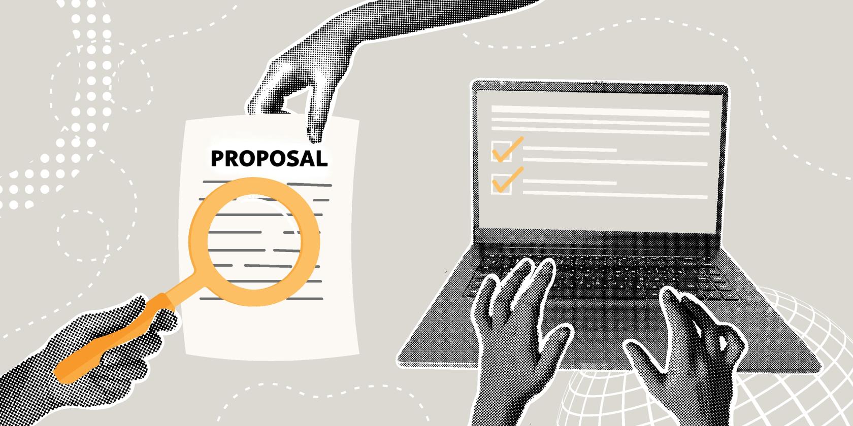 Illustration of hands reviewing a proposal document with a magnifying glass alongside a laptop displaying checklist items, representing evaluation and decision-making.