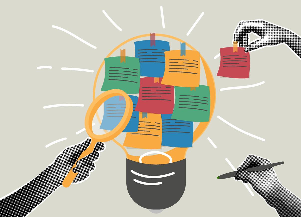An illustrated graphic depicting a light bulb filled with colorful sticky notes in various hues (red, blue, green, yellow) containing handwritten text. One hand is holding a magnifying glass, while another hand is reaching to remove a sticky note. The background is a soft gray, and radiating lines suggest light emanating from the bulb.