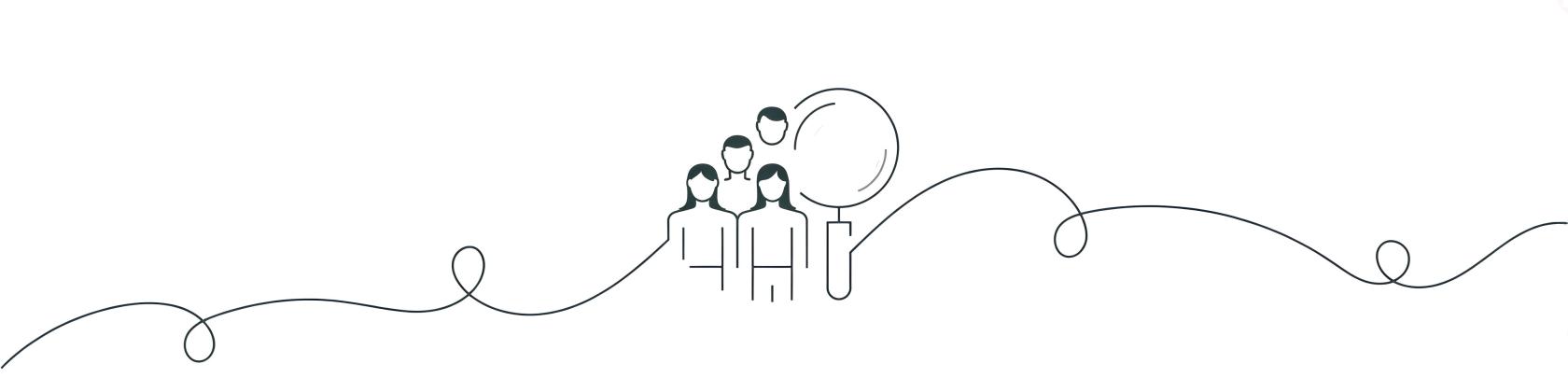 line drawing of people and magnifying glass