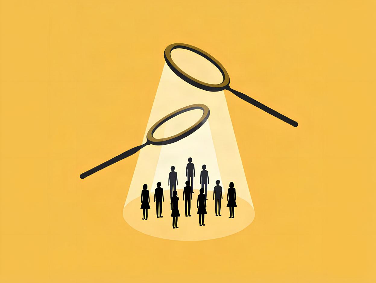 graphic image with a yellow background. Two magnifying glasses with people standing under the cone