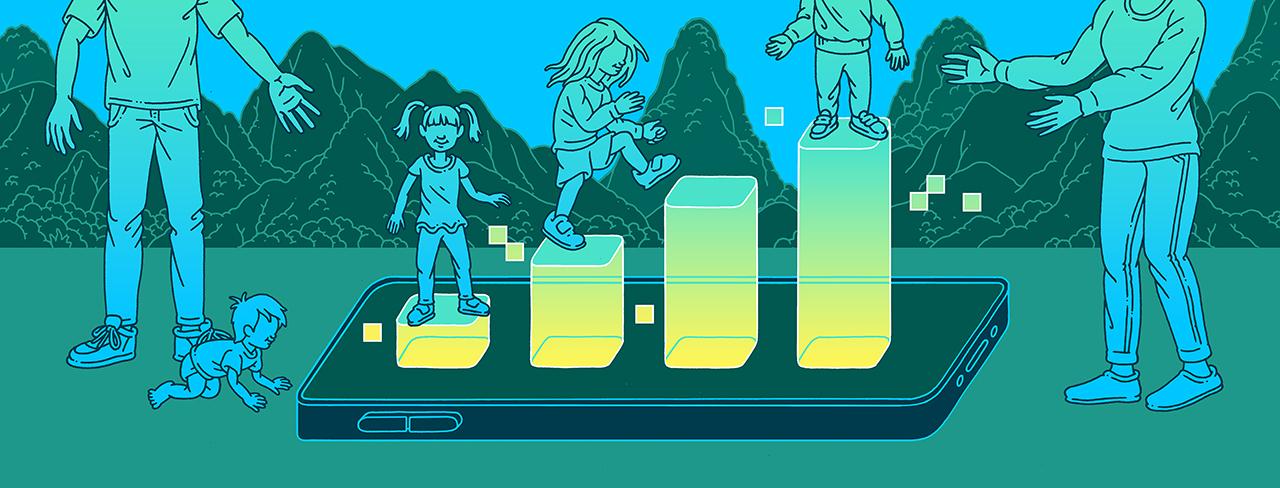 Illustration of children running on cuboids with parents on either side