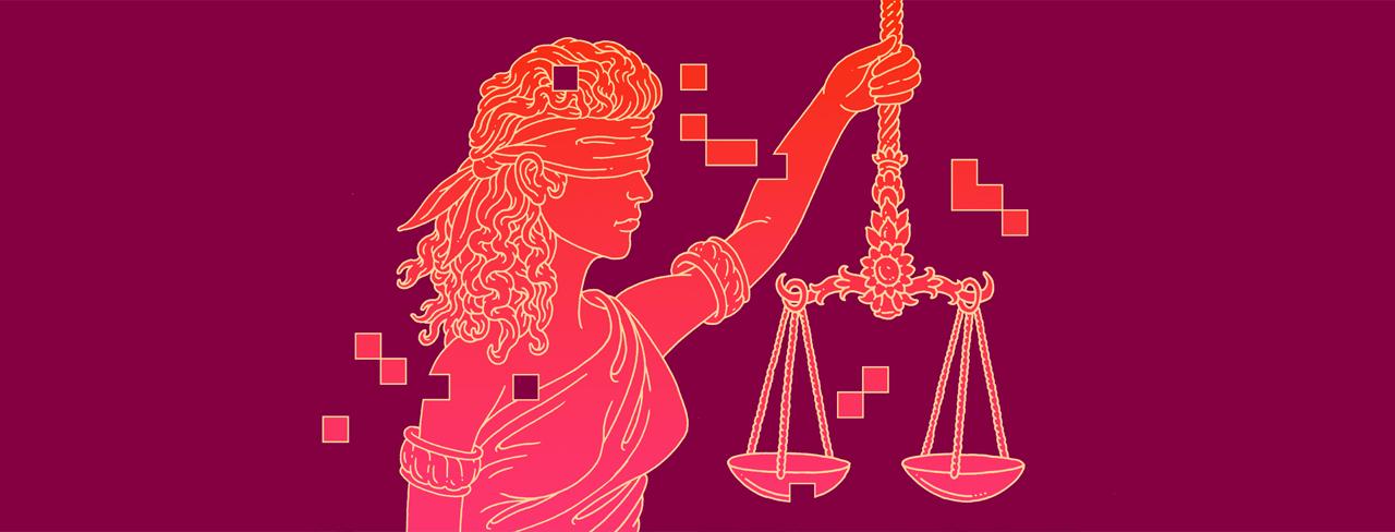 Colorful illustration of "blind justice" holding scales