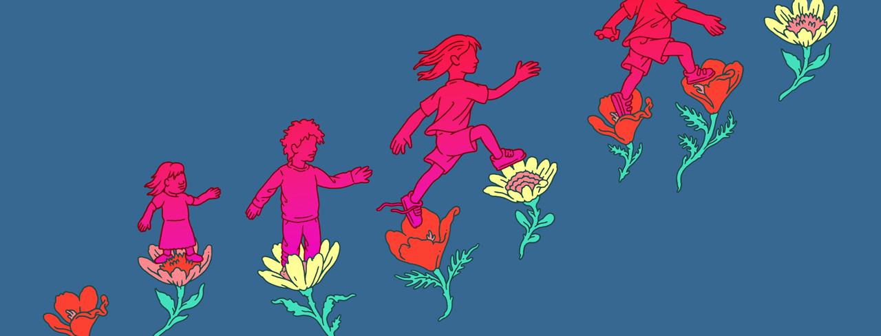 Colorful illustration of children climbing up orange and yellow flowers