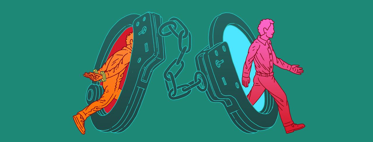 A graphic illustration featuring two halves of a pair of handcuffs, connected by a chain in the center. On the left side, an orange figure is positioned with one arm extended as if reaching out. On the right side, a pink figure stands upright, appearing to walk away. The background is a solid teal color, enhancing the visual contrast of the figures and handcuffs.