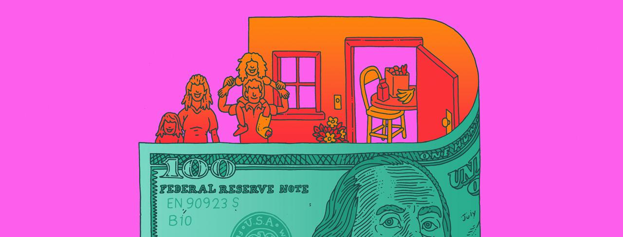 Colorful illustration portraying a family inside a house made from a $100 bill