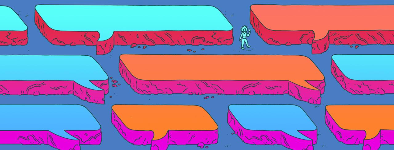 Colorful illustration showing a tiny person amid a maze of huge texting bubbles 