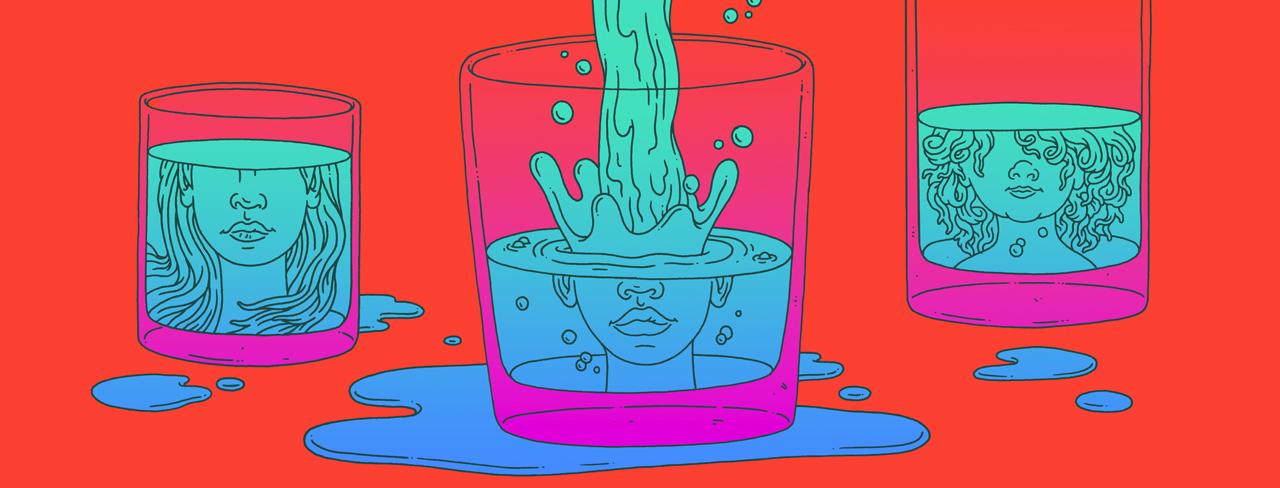 Colorful illustration of water flowing into clear glasses, which contain outlines of people's faces
