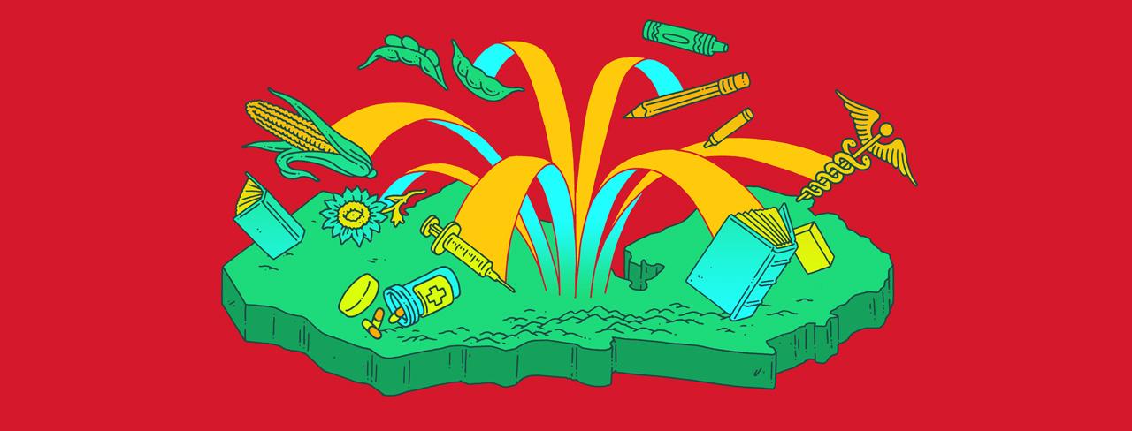 A colorful illustration showing various items flowing from Zambia, including food, medicine, books, etc.