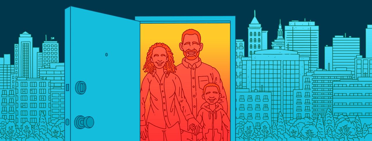 A family stands in a doorway, with a bright gradient background featuring warm colors like orange and yellow. They are positioned against a city skyline filled with tall buildings and greenery is visible in the foreground. The adults are dressed in casual shirts, and the child is in a jacket. The overall illustration has a stylized, graphic look.