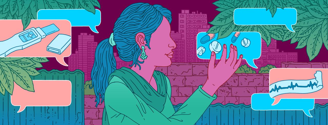 illustration of female holding medicine in a speech bubble