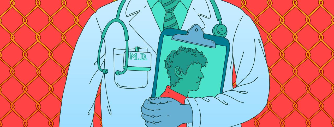 Illustration of a doctor providing patient care in jail