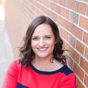 image of female wearing a blue and red top