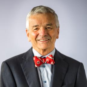 image of male wearing a suit, red bow tie with grey hair