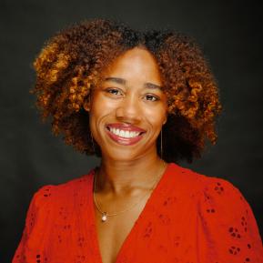 A portrait of a person with curly hair featuring highlights, wearing a red dress adorned with floral patterns, with their face obscured. The background is a dark, solid color, highlighting the subject.