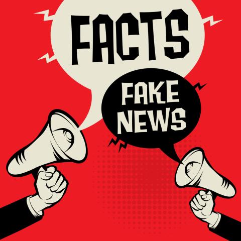Illustration of two megaphones saying "facts" vs. "fake news"