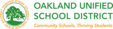 Oakland Unified School District logo features a large tree and the words "every student thrives"