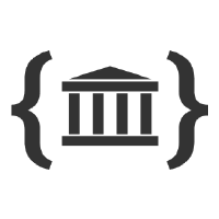 Black logo with a building in between parentheses 