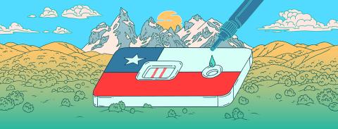 Illustration of the Chile flag on a landscape, with an eye dropper dispensing liquid.