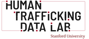 Logo for the Human Trafficking Data Lab by Stanford University. The logo features the words 'HUMAN TRAFFICKING DATA LAB' in bold, black uppercase letters, with red dots accentuating the design. Below, 'Stanford University' is written in a smaller, italicized font.