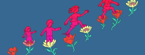 Colorful illustration of children climbing up orange and yellow flowers