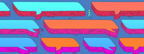 Colorful illustration showing a tiny person amid a maze of huge texting bubbles 