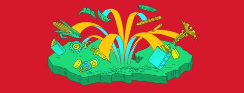 A colorful illustration showing various items flowing from Zambia, including food, medicine, books, etc.