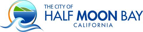 The image displays the logo for the city of Half Moon Bay, California. It features a stylized wave and a coastal depiction within a circular design. The text reads "The City of Half Moon Bay" prominently, with "CALIFORNIA" below in a smaller font. The color scheme includes blues, greens, and an orange accent, highlighting its coastal theme.