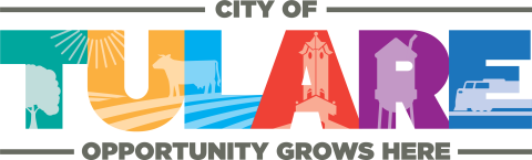 The image displays the logo for the City of Tulare, California. The design features the word "TULARE" in bold, colorful letters, each representing different local elements such as agriculture, the sun, and landmarks. Below, the phrase "OPPORTUNITY GROWS HERE" indicates the city's focus on growth and community. The vibrant colors and imagery emphasize Tulare’s agricultural heritage and welcoming spirit.