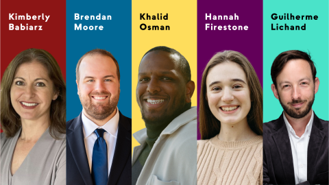 headshots of 5 people in front of colorful background
