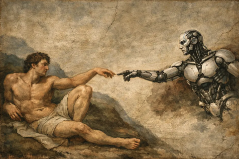 A reimagined version of a famous artistic scene depicting a muscular human figure reclined on a rocky surface, reaching out toward a robotic arm that is extending towards him. The background features a textured, muted atmosphere reminiscent of classical art, with a blend of earthy tones.