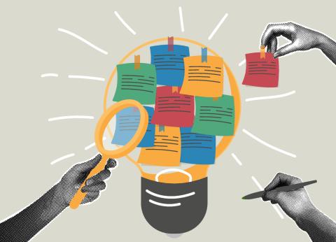 An illustrated graphic depicting a light bulb filled with colorful sticky notes in various hues (red, blue, green, yellow) containing handwritten text. One hand is holding a magnifying glass, while another hand is reaching to remove a sticky note. The background is a soft gray, and radiating lines suggest light emanating from the bulb.