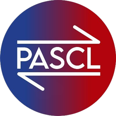 A circular logo divided into two halves, with the left side in blue and the right side in red. The white text "PASCL" is centered, accompanied by two white arrows pointing left and right.