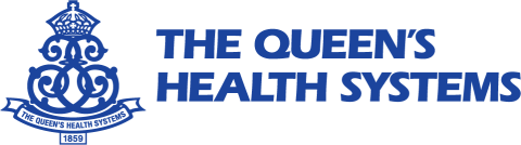 This image features the logo for "The Queen's Health Systems." The logo includes a stylized emblem above the text, which reads "THE QUEEN'S HEALTH SYSTEMS" in bold blue letters. The emblem features decorative elements and a crown above the initials. The founding year, "1859," is also incorporated.