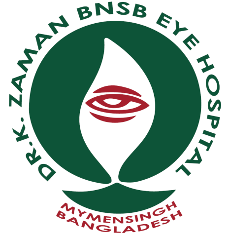 A logo for "Dr. K. Zaman BNSB Eye Hospital," featuring a green circular design. In the center, there is a stylized eye and a drop shape, both in red. The text encircles the design, with "DR. K. ZAMAN BNSB EYE HOSPITAL" at the top and "MYMENSINGH BANGLADESH" at the bottom, highlighting the hospital's focus on eye care.