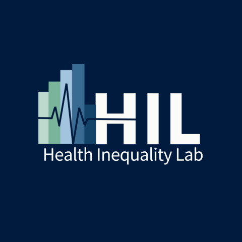 A logo for the "Health Inequality Lab" featuring the acronym "HIL." The design includes vertical bars in various shades of blue and green representing data or statistics, alongside a heartbeat line running through the letters. The background is a dark blue color, creating a professional appearance.