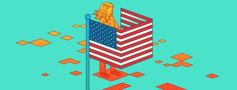 Woman voting in a U.S. election with the assistance of AI