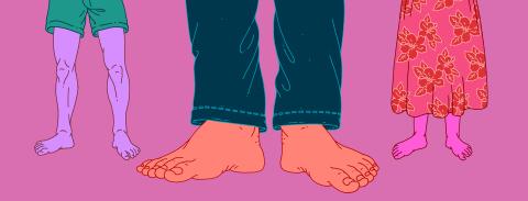 Illustration of the feet of three people standing together