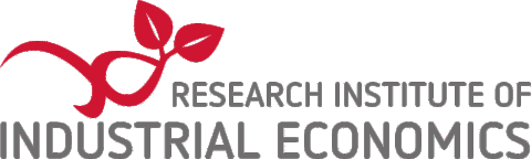A logo featuring a stylized design that incorporates a red, flowing line forming a leaf motif. Beneath the graphic, the text reads "RESEARCH INSTITUTE OF INDUSTRIAL ECONOMICS" in a modern, gray font. The overall design conveys a blend of research and nature themes.