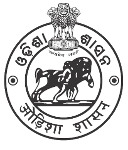 A circular emblem featuring the Ashoka Lion atop a circular base. Below the lion, there is a depiction of a galloping horse. The outer circle contains the words "ଓଡିଶା" (Odisha) in Odia script, and "GOVERNMENT OF ODISHA" in English. The design is intricate and reflects the official insignia of the Odisha government.