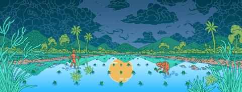 Illustration of a farm in India during monsoon season
