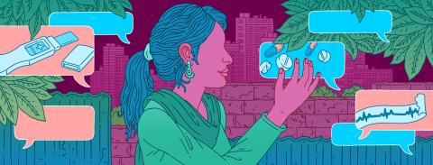 illustration of female holding medicine in a speech bubble