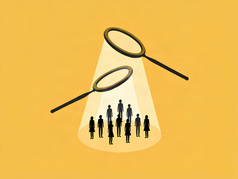 graphic image with a yellow background. Two magnifying glasses with people standing under the cone