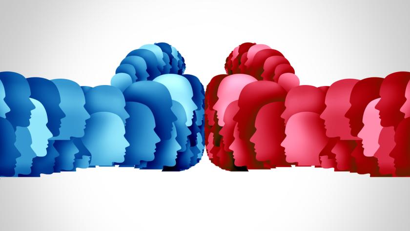 Illustration of blue and red faces forming two fists in opposition