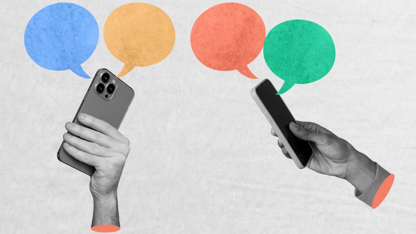 hands holding phones with colorful text bubbles